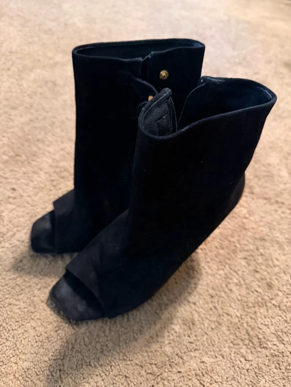 Louis Vuitton Black Suede Peep-Toe Wedge Ankle Boots with Gold Wedge - Picture 3 of 7